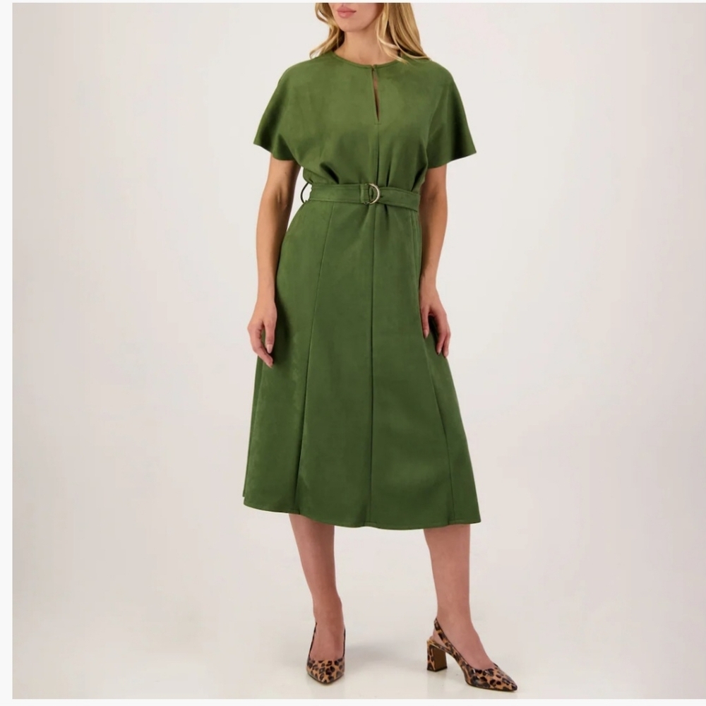 MSK WOMEN'S FAUX SUEDE BELTED DRESS IN OLIVE SIZE LARGE NWT